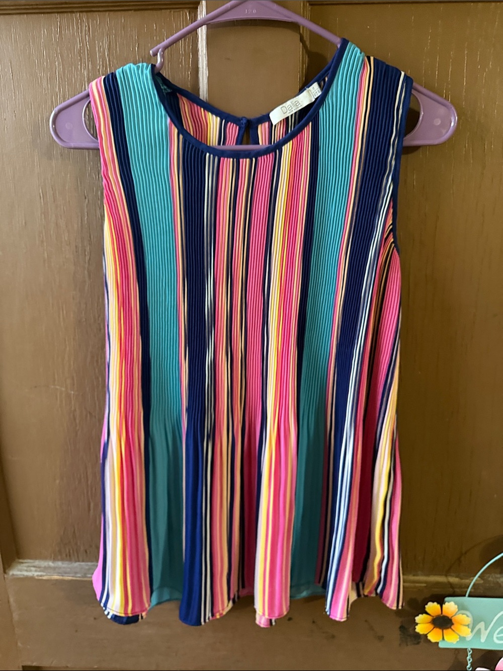 Dalia Pleated Stripe Tank Top Size L Multi Color Sleeveless Blouse